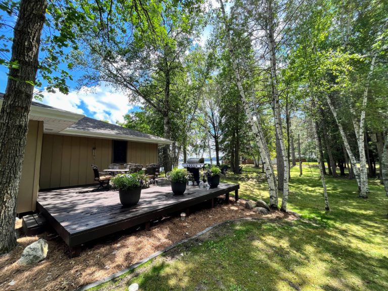 Back deck with large table and grill, firepit in the background